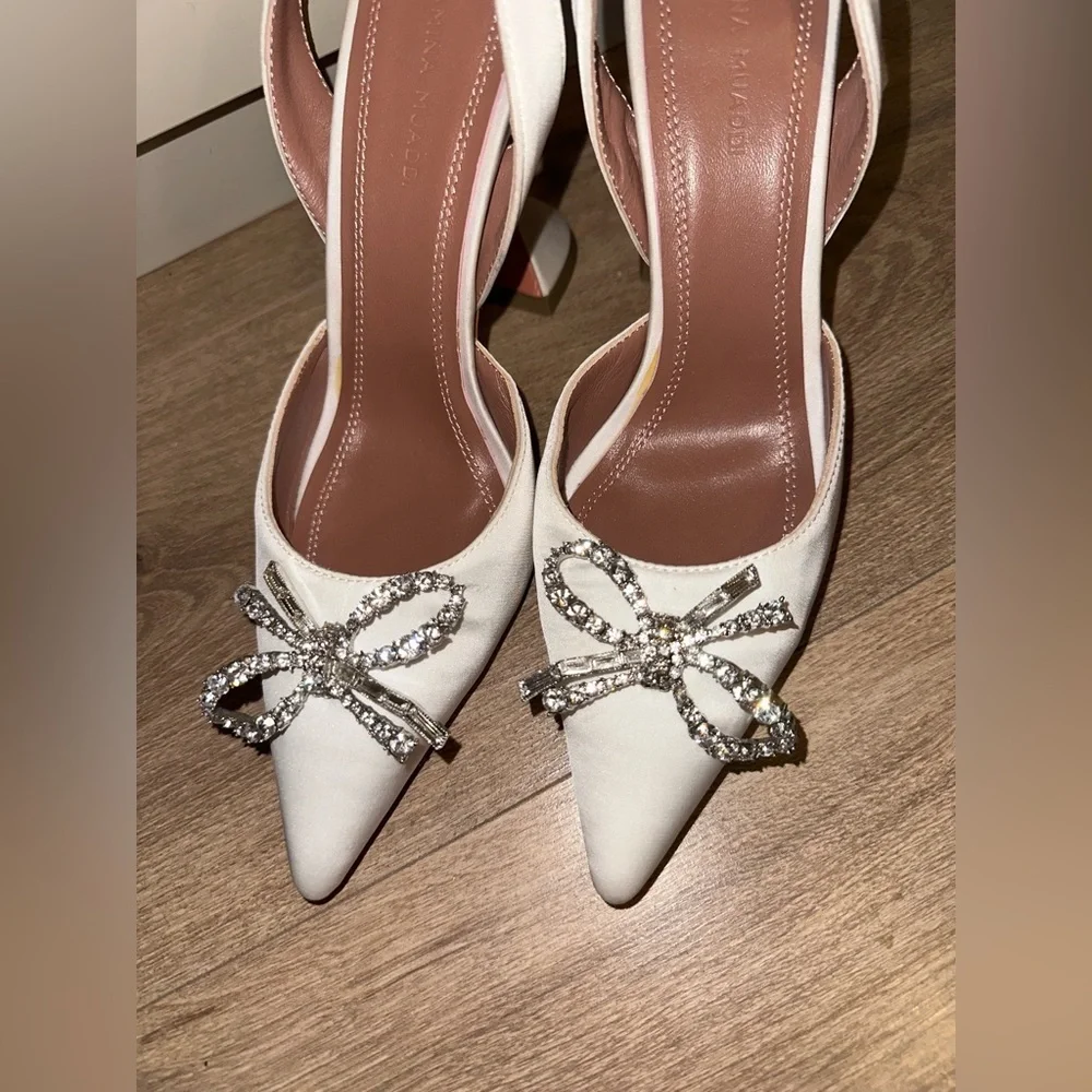 Amina Muaddi Rosie White Heels with Crystal Bow size 36